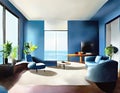 Watercolor of Contemporary lounge with living room design and blue wall