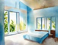 Watercolor of Contemporary and open bedroom with ample abundant natural and serene light blue
