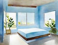 Watercolor of Contemporary and open bedroom with ample abundant natural and serene light blue