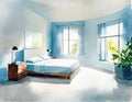 Watercolor of Contemporary and open bedroom with ample abundant natural and serene light blue