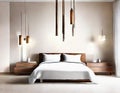 Watercolor of Contemporary wooden pendant light in spacious bedroom with wall