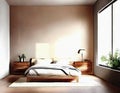 Watercolor of Contemporary wooden pendant light in spacious bedroom with wall