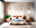 Watercolor of Contemporary wooden pendant light in spacious bedroom with wall