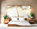 Watercolor of Contemporary wooden pendant light in spacious bedroom with wall