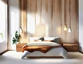 Watercolor of Contemporary wooden pendant light in spacious bedroom with wall