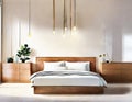 Watercolor of Contemporary wooden pendant light in spacious bedroom with wall