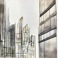 Watercolor of Continuous abstract linear drawing of modern urban building Royalty Free Stock Photo