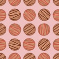 Watercolor Cookie With Chocolate And Strawberry Jam Seamless Pattern. Watercolor Cookie Illustration Isolated On Pink Background.