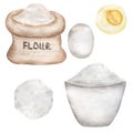 Watercolor Cooking Clipart, Eggs and flour set. Kitchen illustration