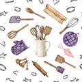 Watercolor cooking tools seamless pattern. Hand drawn rolling pin, mixing spoon, oven mitt, cookie cutters, whisk