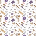 Watercolor cooking tools seamless pattern. Hand drawn rolling pin, mixing spoon, oven mitt, cookie cutters, whisk