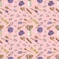 Watercolor cooking tools seamless pattern. Hand drawn rolling pin, mixing spoon, oven mitt, cookie cutters, whisk