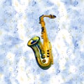 Watercolor copper brass band saxophone on blue white background Royalty Free Stock Photo