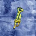 Watercolor copper brass band trumpet on blue background Royalty Free Stock Photo