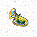 Watercolor copper brass band tuba on note background Royalty Free Stock Photo