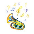 Watercolor copper brass band tuba on note background Royalty Free Stock Photo