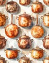Watercolor Copper Cookware Pattern - Rustic Kitchen Decor Royalty Free Stock Photo