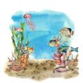 Watercolor Coral Reef Border And Propical Fish. Hand Painted Underwater Illustration With Laminaria Branch, Fish And