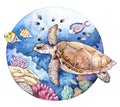 Watercolor coral reef, fish, turtle. Underwater illustration in circle on white background. Royalty Free Stock Photo