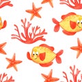 Watercolor coral reef seamless pattern. Hand drawn cartoon background design: tropical fish, coral, on white background. Backgroun Royalty Free Stock Photo