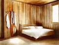 Watercolor of Corner area of wooden master bedroom with a