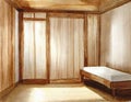 Watercolor of Corner area of wooden master bedroom with a