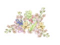 Watercolor corner made of pastel pink, yellow, violet flower. Flowers drawn by hand on a white background. Delicate
