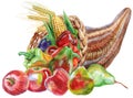 Watercolor cornucopia filled with vegetables and fruits on white background