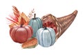 Watercolor cornucopia (horn of plenty) with pumpkin and vegetable. Hand-drawn illustration isolated on white