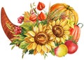 Watercolor cornucopia, symbol Thanksgiving, sunflowers, dry leaves, rowanberry, pumpkins on white background Royalty Free Stock Photo