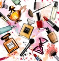 Watercolor cosmetics and perfumes collection Royalty Free Stock Photo