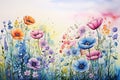 Watercolor cosmos meadow flowers field with sky background, summer spring flower art illustration Royalty Free Stock Photo