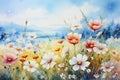 Watercolor cosmos meadow flowers field with sky background, summer spring flower art illustration Royalty Free Stock Photo