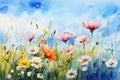 Watercolor cosmos meadow flowers field with sky background, summer spring flower art illustration Royalty Free Stock Photo