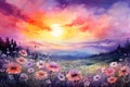 Watercolor cosmos meadow flowers field with sky background, summer spring flower art illustration