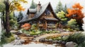 Charming Anime Style Watercolor Painting Of Forest Cottage