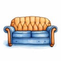 Watercolor Orange Couch On White Background With Detailed Character Illustrations