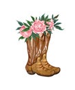 Watercolor country boots with red flowers and greenery, illustration isolated on white background. Rustic wedding Royalty Free Stock Photo