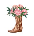 Watercolor country boots with red flowers and greenery, illustration isolated on white background. Rustic wedding Royalty Free Stock Photo