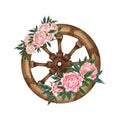 Watercolor country Wooden wheel with red flowers and greenery, illustration isolated on white background. Rustic wedding