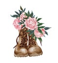 Watercolor country boots with red flowers and greenery, illustration isolated on white background. Rustic wedding