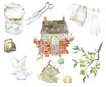 Watercolor country summer time set. Hand drawn working tools. Rustic cottage collection.