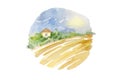 Watercolor countryside landscape in circle composition. Artistic wheat field and village cottage, round illustration isolated on w