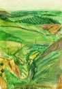 Watercolor countryside landscape with green hills and fields in summer