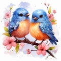 Watercolor Couple of bird on a branch with Blossom flower isolated on White Background Royalty Free Stock Photo