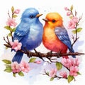 Watercolor Couple of bird on a branch with Blossom flower isolated on White Background Royalty Free Stock Photo