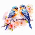 Watercolor Couple of bird on a branch with Blossom flower isolated on White Background Royalty Free Stock Photo