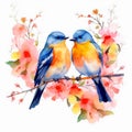 Watercolor Couple of bird on a branch with Blossom flower isolated on White Background Royalty Free Stock Photo