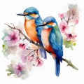 Watercolor Couple of bird on a branch with Blossom flower isolated on White Background Royalty Free Stock Photo