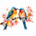 Watercolor Couple of bird on a branch with Blossom flower isolated on White Background Royalty Free Stock Photo